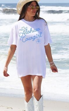 This Comfort Colors coastal cowgirl aesthetic shirt is perfect for your everyday style or your next beach day. Grab this in a bunch of colors for a coastal cowgirl bachelorette theme or just to match all of your friends! Order 2-3 sizes larger if you want a beach cover-up.  🤩 Tip: THESE RUN TRUE TO SIZE. If you want an oversized look, size up 2-3 sizes. 😉 ✅ Shirt Information: Comfort Colors Unisex Shirt - 100% ring-spun cotton - Medium fabric  - Relaxed fit ✅Design Printing Design printed usin Relaxed Fit T-shirt For Beach Party, White Print Top For Beach In Summer, White Print Tops For Summer Beach, Relaxed Fit Tops For Beach Party, Pink Cowgirl Hat, Cowgirl Summer, Bachelorette Theme, Cowgirl Bachelorette, Coastal Aesthetic