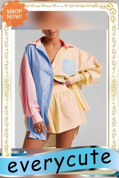 Blue Colorblock Long Sleeve Shirt with Shorts Set Cotton Shorts With Contrast Color For Summer, Summer Cotton Shorts With Contrast Color, Patchwork Top For Summer Loungewear, Multicolor Relaxed Fit Short-sleeve Tops, Casual Spring Shorts With Contrast Color, Yellow Tops With Contrast Color For Summer, Summer Yellow Tops With Contrast Color, Yellow Summer Tops With Contrast Color, Casual Color Block Shorts For Spring