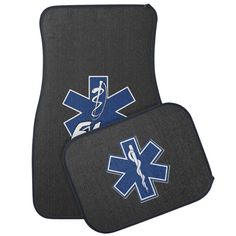 two car mats with an emt symbol on the front and blue medical symbols on the back