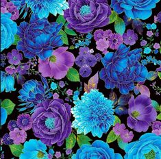 blue and purple flowers on a black background