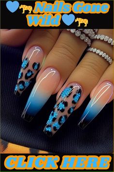 Roar with style and rock this fierce blue leopard print ombre nail design. Click to find more wild and wonderful nail art ideas on my website!bluenail,leopardprint,nailart,nailart,nails,naildesigns,nailinspo,manicure,beauty,fashion,style,gelnails ,acrylic nails,nailartdesigns,geometricnails,floralnails,frenchmanicure,ombrénails ,marblenails,summernails,winternails,holidaynails,weddingnails,valentinesnails ,rednails,pinknails,bluenails,nudenails,blacknails,springnails Fun Long Nails, Chinese Nails Designs, Wild Nail Designs, Chinese Nails, Statement Nails, Leopard Nail Designs, Cheetah Nail Designs, Neon Nail Art, Animal Print Nails Art