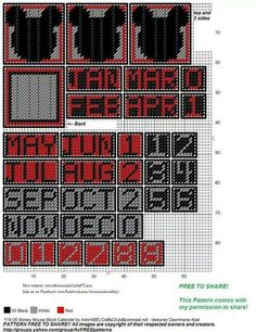 a cross stitch pattern with the words and numbers in red, black and grey colors