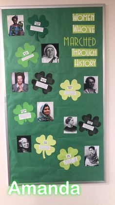 a bulletin board with pictures of women who were murdered through history and shamrocks for st patrick's day