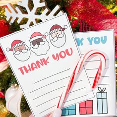 santa claus thank you notes with candy canes and christmas tree decorations in the background