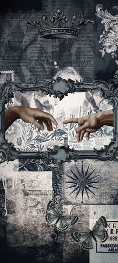 two hands touching each other in front of an ornate frame with pictures and words on it