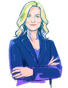 a drawing of a woman with her arms crossed in front of her chest, wearing a blue blazer