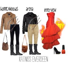 four different types of clothes and accessories with the words, homewoods, arenaa, katniss everdeen