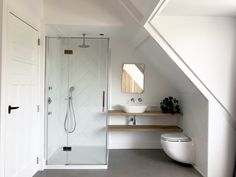 a bathroom with a toilet, sink and shower in it's attic room area