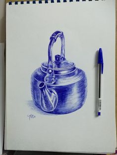 a drawing of a blue tea kettle with a padlock on it and a pen next to it