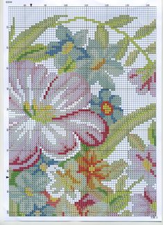 a cross stitch pattern with flowers and leaves on the bottom half of it, as well as