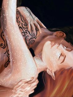 a painting of a woman with tattoos on her arms and chest, laying down in the dark