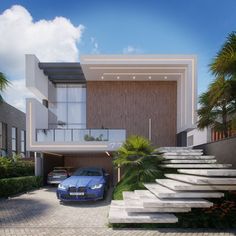 a blue sports car parked in front of a modern house with stairs leading up to it