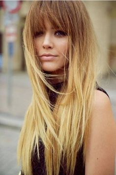 Long Straight Brown Ombre Hairstyle with Blunt Bangs Fringes Haircut, Long Straight Layered Hair, Best Long Haircuts, Layered Hair With Bangs, Bangs Straight, Makeup Tip, Long Hair With Bangs, Long Blonde, Long Straight Hair