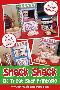 the snack shack flyer is displayed on a table with candy and other items for sale