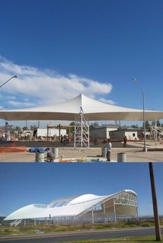 two pictures side by side one shows a large white tent and the other shows a building under construction