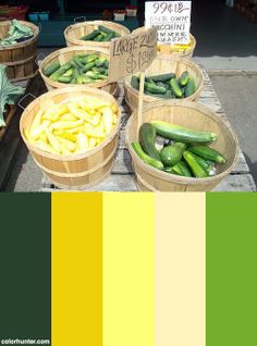 several baskets filled with cucumbers and other vegetables