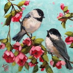 two birds sitting on a branch with red flowers painted in acrylic paint by hand