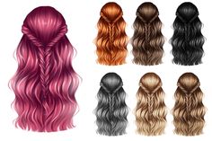 the different types of hair are shown in various colors and styles, including red, black, brown, pink, orange