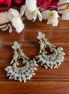 Diwali Outfit, Diwali Outfits, Earrings Indian, Bird Motif, Pakistani Jewelry, Jewelry Antique, Earrings Collection, Blue Earrings, Long Earrings