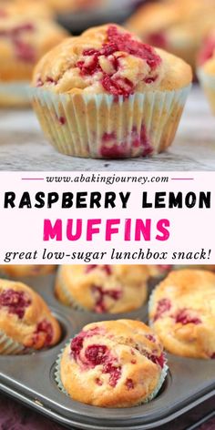 raspberry lemon muffins in a muffin tin with text overlay