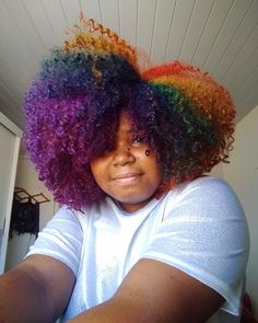 Curly Rainbow Hair, Rainbow Afro, Rainbow Dyed Hair, Creepy Wedding, Coily Hair Care, Curly Color, Natural Hair Extensions, Colored Curly Hair, Dyed Natural Hair