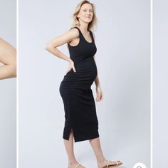 A Laid Back Midi Dress You Can Wear Everywhere. Made From The Softest Rib Knit, We Love The Comfort You Get While Still Looking Effortlessly Pulled Together. There’s A Hint Of Ruching For A Bump-Proud Moment, And You Can Dress Her Up Or Downcheck Aaaand Check. Fabric 68% Rayon / 26% Polyester / 5% Spandex. Fit Notes Fits Throughout All Stages Of Pregnancy + Postpartum Midi Length On A 5'6" Model Select Your Pre-Pregnancy Size Black Maternity Dress For Spring, Black Spring Maternity Dress, Spring Black Maternity Dress, Fitted Black Maternity Dress For Spring, Casual Black Maternity Dress, Black Sleeveless Summer Maternity Dress, Ribbed Maternity Dress, Spring Ribbed Maternity Dress, Fitted Sleeveless Black Maternity Dress