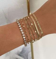 Style: Europe and America Material: Alloy Color: Gold Fashion Element: Metal, Geometry Jewelry Accessories Ideas, Jewelry Essentials, Waterproof Jewelry, Stacked Jewelry, Elegant Bracelet, Dainty Bracelets, Hand Jewelry