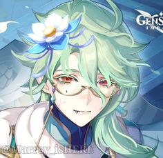 an anime character with green hair wearing glasses and a flower in her hair is looking at the camera