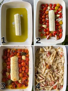 four pictures showing how to make pasta with tomatoes, cheese and breadsticks in baking dish