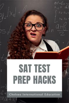 a woman holding a book with the words sat test prep hacks on it