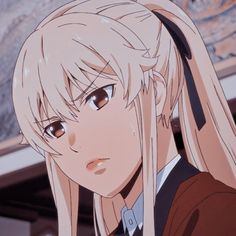 an anime character with long blonde hair and brown eyes looking at the camera while wearing a school uniform