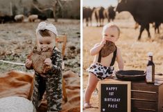 two pictures one with a baby and the other with a birthday cake in front of cows