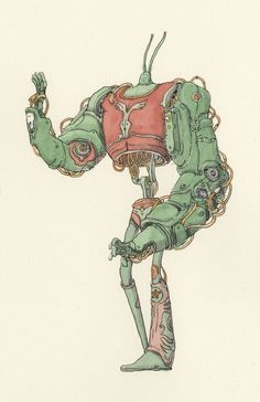 a drawing of a green robot sitting down