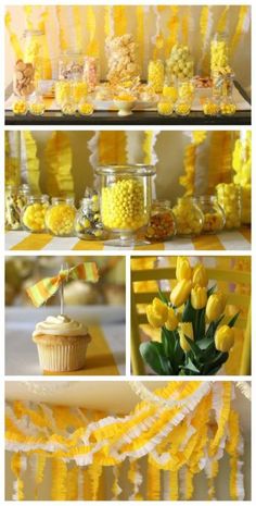 a yellow and white dessert table with cupcakes, candy bars and flowers on it