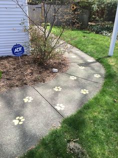 a sidewalk with footprints on it in front of a house