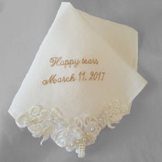 This wedding handkerchief speaks 'bridal sophistication' like none other. Created in a lovely soft ivory linen and adorned with a gorgeous venice lace and hand sewn sequins and faux pearls on the one corner. Personalized with your own sentiment for your wedding day this makes the perfect bridal gift for the bride, mother of the bride and mother of the groom. Mother Of The Groom Gift, Linen Wedding, Wedding Hankies, Mother Of The Groom Gifts, Gift For The Bride, Wedding Handkerchief, Wedding Linens, Bridal Gift, Couture Wedding