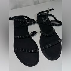 Black Steve Madden Sandals. Size 9. Black Adjustable Jelly Sandals, Casual Style, Adjustable Black Jelly Sandals Casual Style, Casual Black Adjustable Jelly Sandals, Black Adjustable Jelly Sandals For Casual Wear, Black Adjustable Jelly Sandals With Round Toe, Trendy Black Ankle Strap Jelly Sandals, Adjustable Black Flat Jelly Sandals, Black Closed Toe Sandals With Studded Outsoles, Black Sandals With Studded Rubber Outsoles For Beach