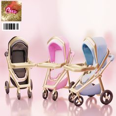 three baby strollers are shown on a pink and white background, with the word go written in gold