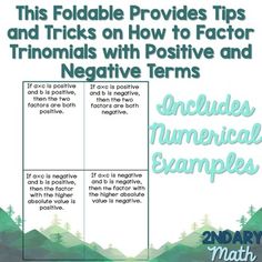 a poster with the text, this foldable provides tips and tricks on how to factor trinoids with positive and negative terms