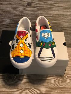 Custom Vans any design and any style. Customize to your liking. (Picture might show canvas shoe but these are made in vans brand. All shoes are painted with Anglers paint and sealed with their shoe sealer. Machine washable but not recommended because the shoe itself will get damaged. Toy Story Shoes, Custom Painted Vans, Painted Vans, Disney Vans, Woody And Buzz, Shoe Designs, Toy Story Buzz, Canvas Shoe, Custom Toys