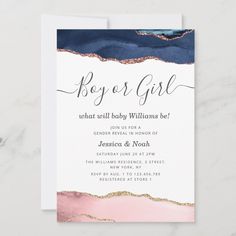 a pink and blue baby shower card with gold foil on the bottom, it says boy or girl