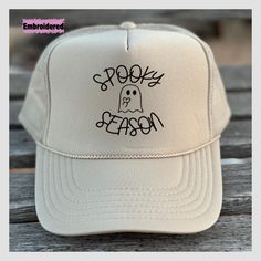 Spooky Season Trucker High Quality Embroidery Adjustable to Fit  Summer Mesh Trucker Baseball Cap One Size (Fits Most) Poly Foam Front (Comfortable Fit) Mesh Back Cap with Plastic Adjustable Snap Closure      Return Policy: If your order arrives defective, or if I made a mistake on your order, exchanges are acceptable. The item must be in brand new condition in order to get an exchange. Returns are not available. White Halloween Cap, White Novelty Hat For Halloween, Ghost Hat, I Made A Mistake, Embroidered Halloween, Halloween Hat, Spooky Szn, Halloween Hats, Fall Clothes