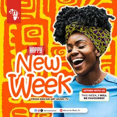 a woman with an afro is smiling and wearing a blue shirt that says happy new week