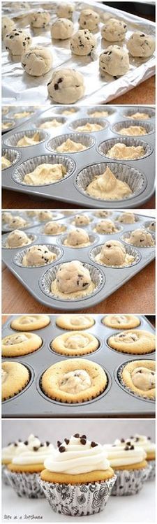 the process of making chocolate chip cookie dough in muffin tins is shown here