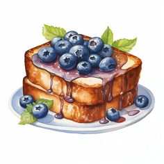 a piece of cake with blueberries and syrup on it