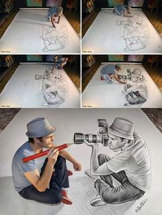 a man sitting on the ground with a pencil in front of him and drawing something