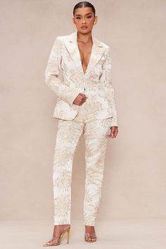 Available In Champagne And Blue/combo. Embroidered Pant Set Single Button Blazer Notched Collar Front Pockets Lined Straight Pant Zipper And Hook Closure Non Stretch Shell: 100% Polyester Lining: 95% Polyester 5% Spandex Imported | Annika Satin Suit Set in Champagne size Large by Fashion Nova Pants Suite Wedding Dress, Womens Wedding Pant Suits Brides, Womens Off White Pant Suit, White Suits For Women Gala, Unique Wedding Suits For Women, Luxury Semi-stitched Unstitched Suit For Reception, Luxury Spring Evening Pant Set, Bridal Dress Suits For Women, Luxury Wedding Bottoms For Festive Occasions