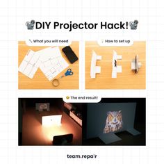 the screen shows how to make a projector hackr with paper, scissors and other items