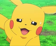 a pikachu is standing in the grass with its mouth open and it's eyes wide open