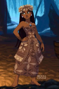 an animated image of a woman wearing a dress and headdress in the woods